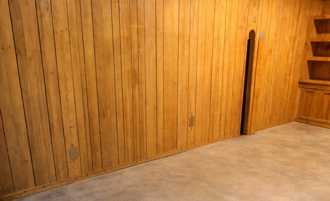 An empty wood-paneled room after a clear-out